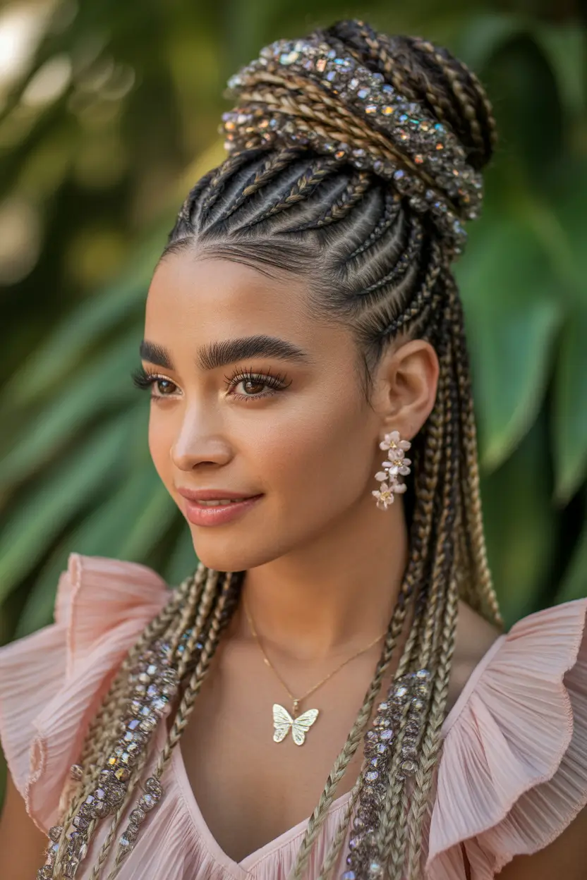 spring braids hairstyle Embellished Braided Updo With Statement Details