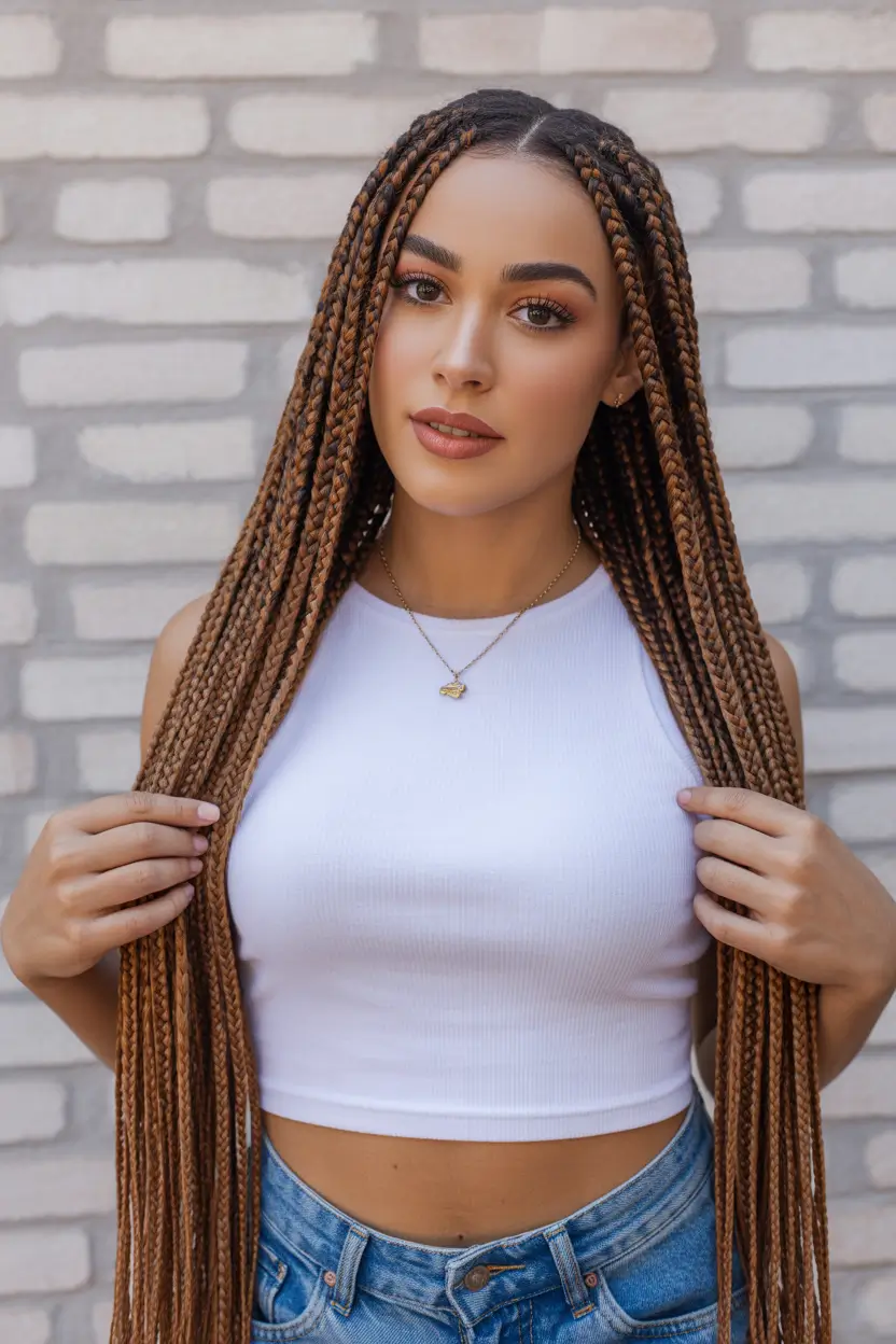 spring braids hairstyle Sleek Waist Length Box Braids With Warm Dimension 6