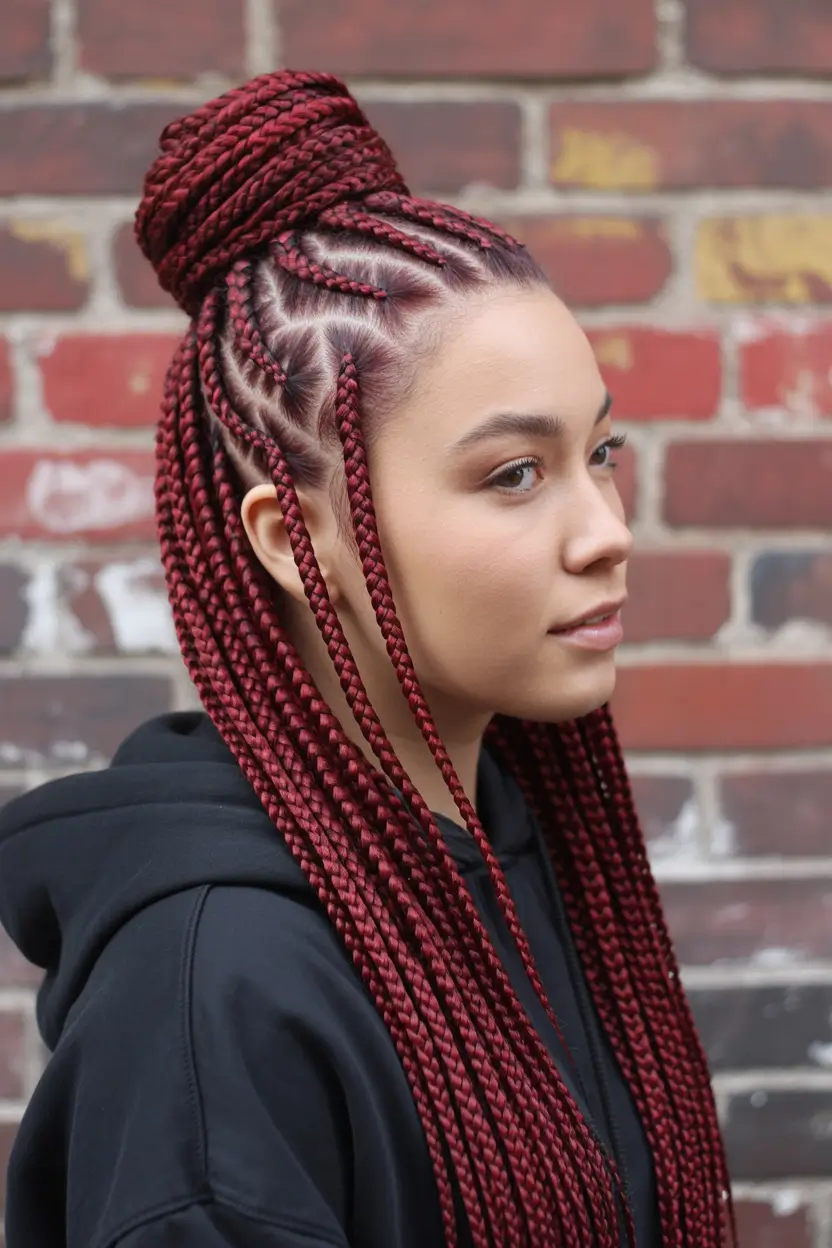 spring braids hairstyle Crimson Braided High Bun With Structured Cornrows 8