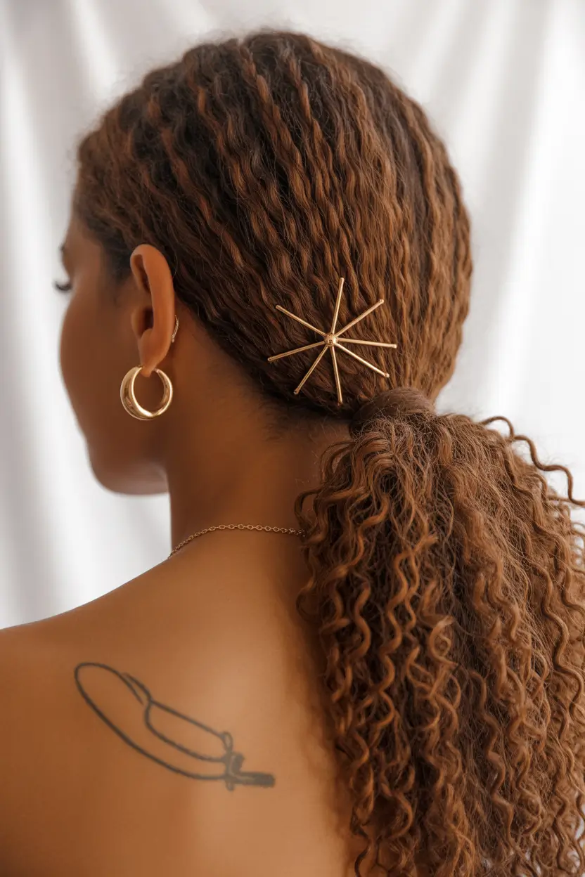 spring braids hairstyle Low Braided Ponytail With Gold Accent Pin 9