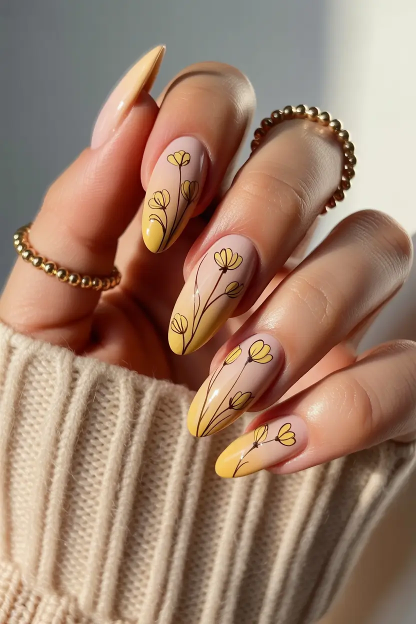 spring nail design 2026 butter yellow botanical almond 11
