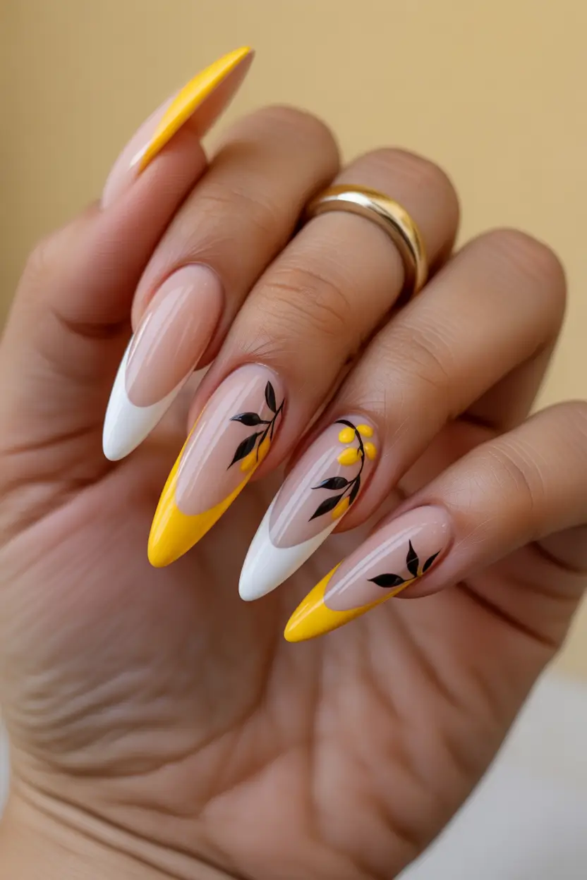 spring nail design yellow white french graphic leaves 12