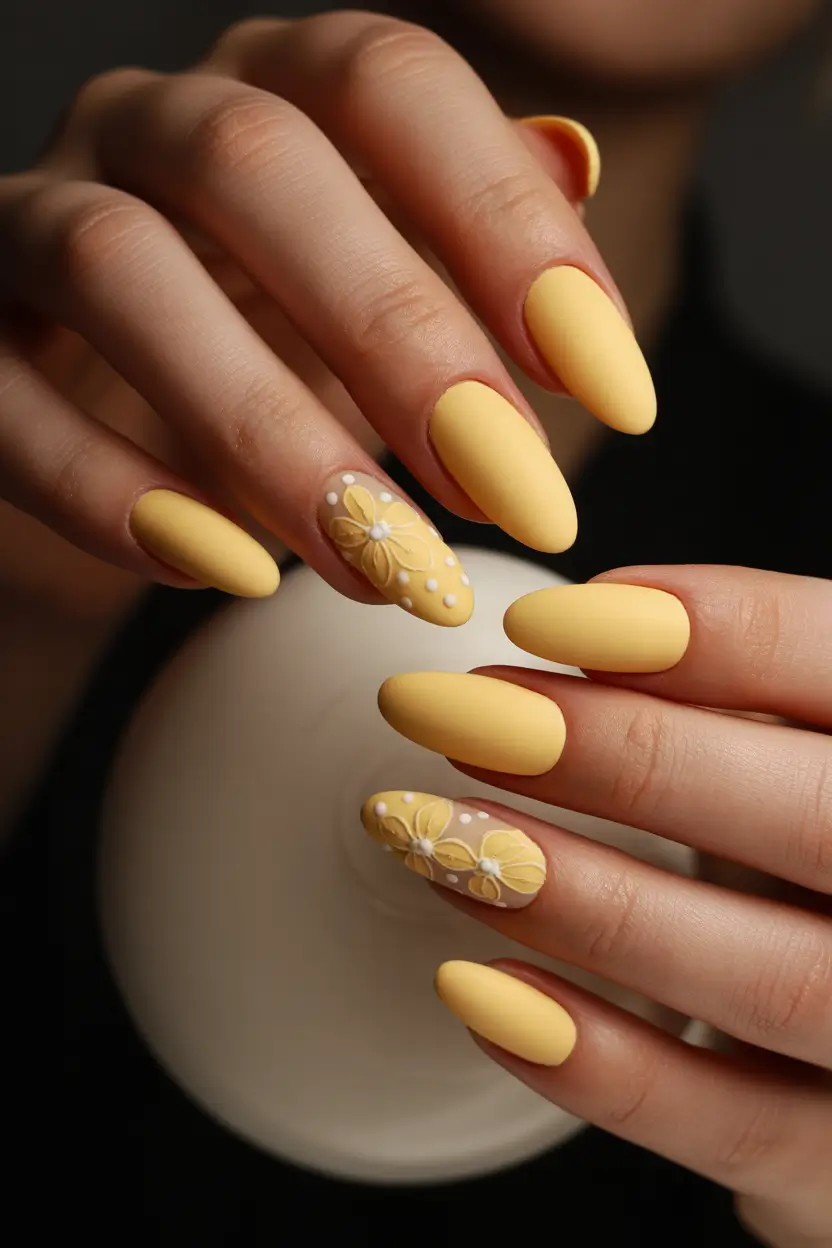 spring nail design matte butter yellow floral 15