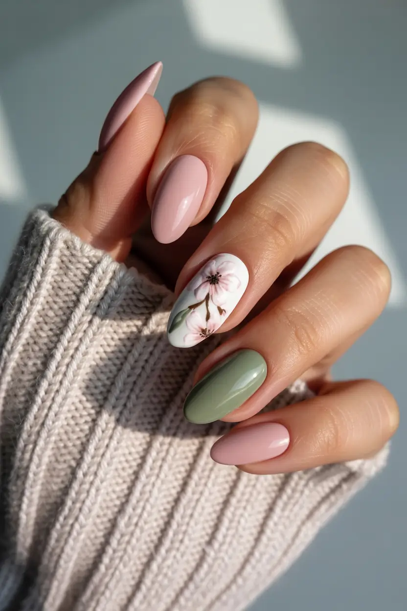 spring nail design blush olive almond floral 17