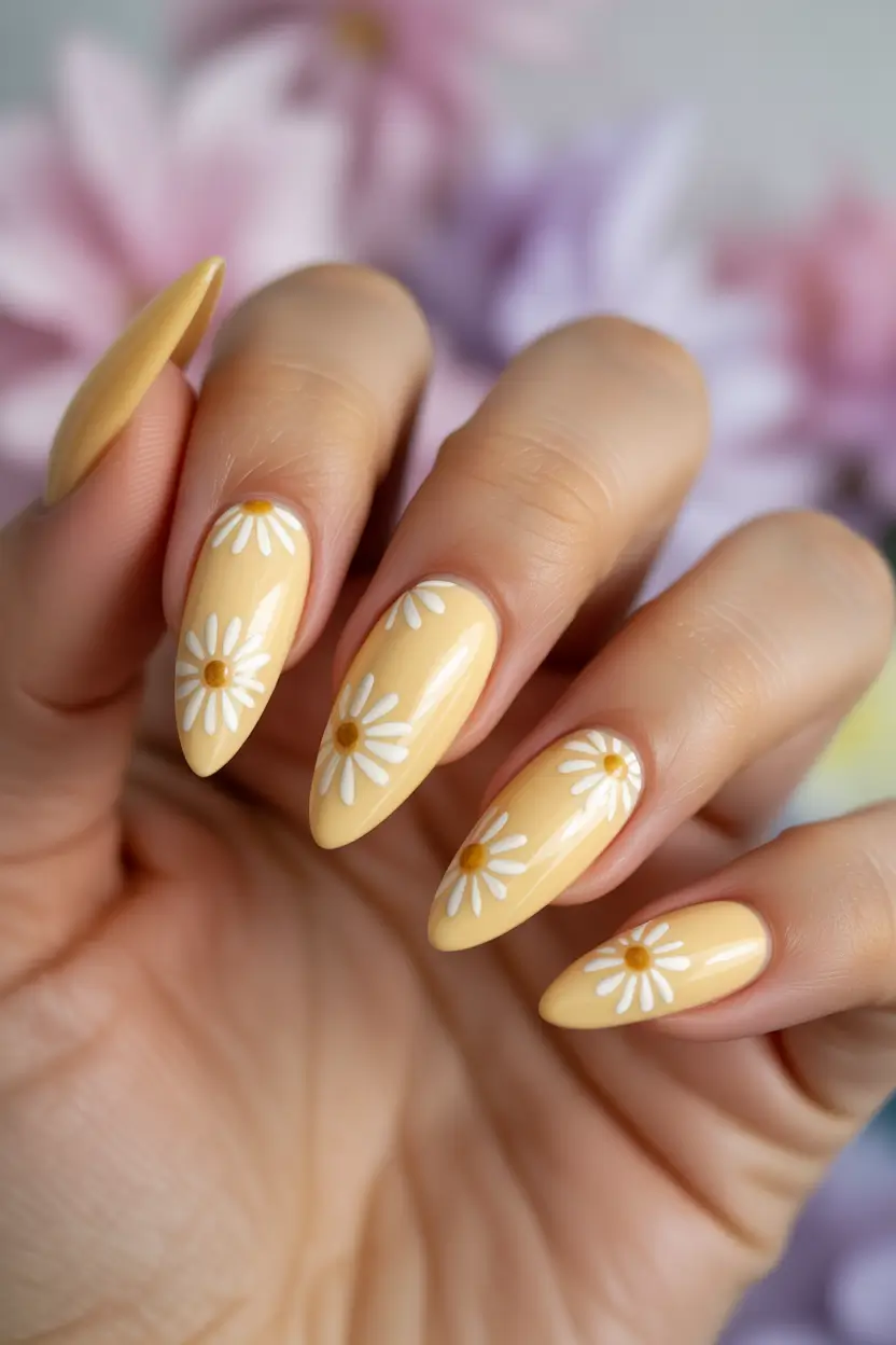 spring nail design pastel yellow almond daisies 18