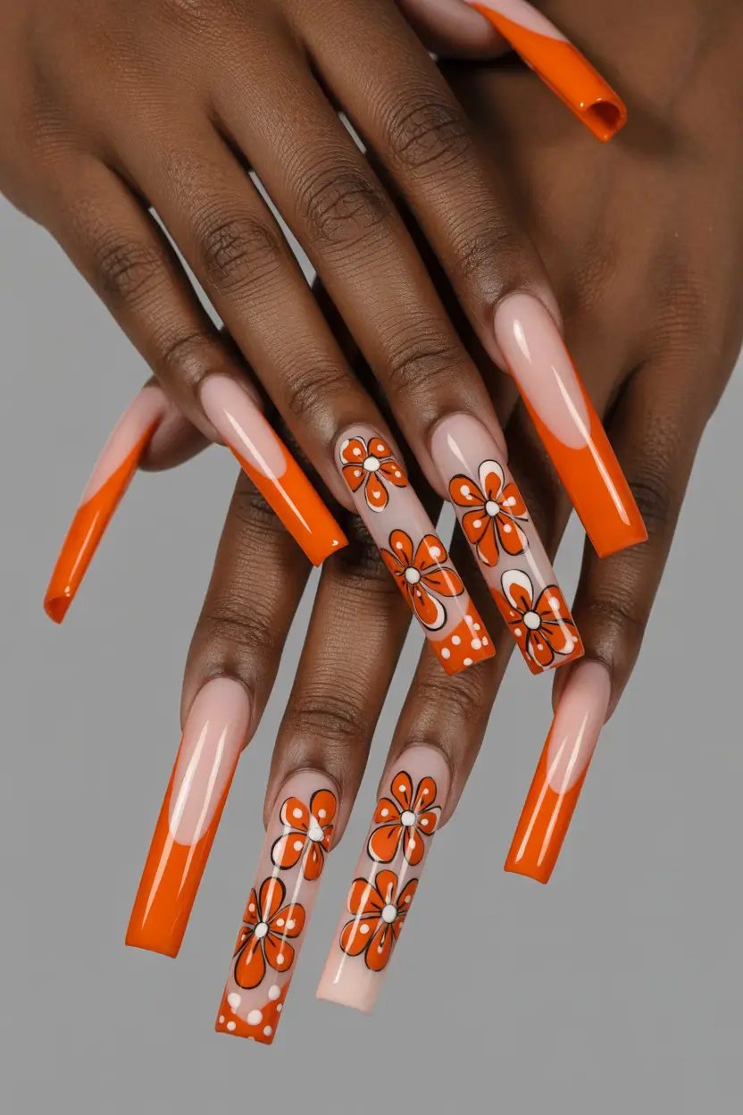 spring nail design bold orange long square floral 19