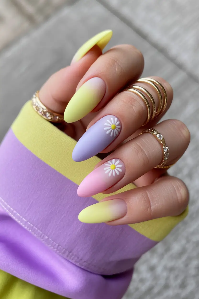 spring nail design pastel ombre almond with minimal daisy accents