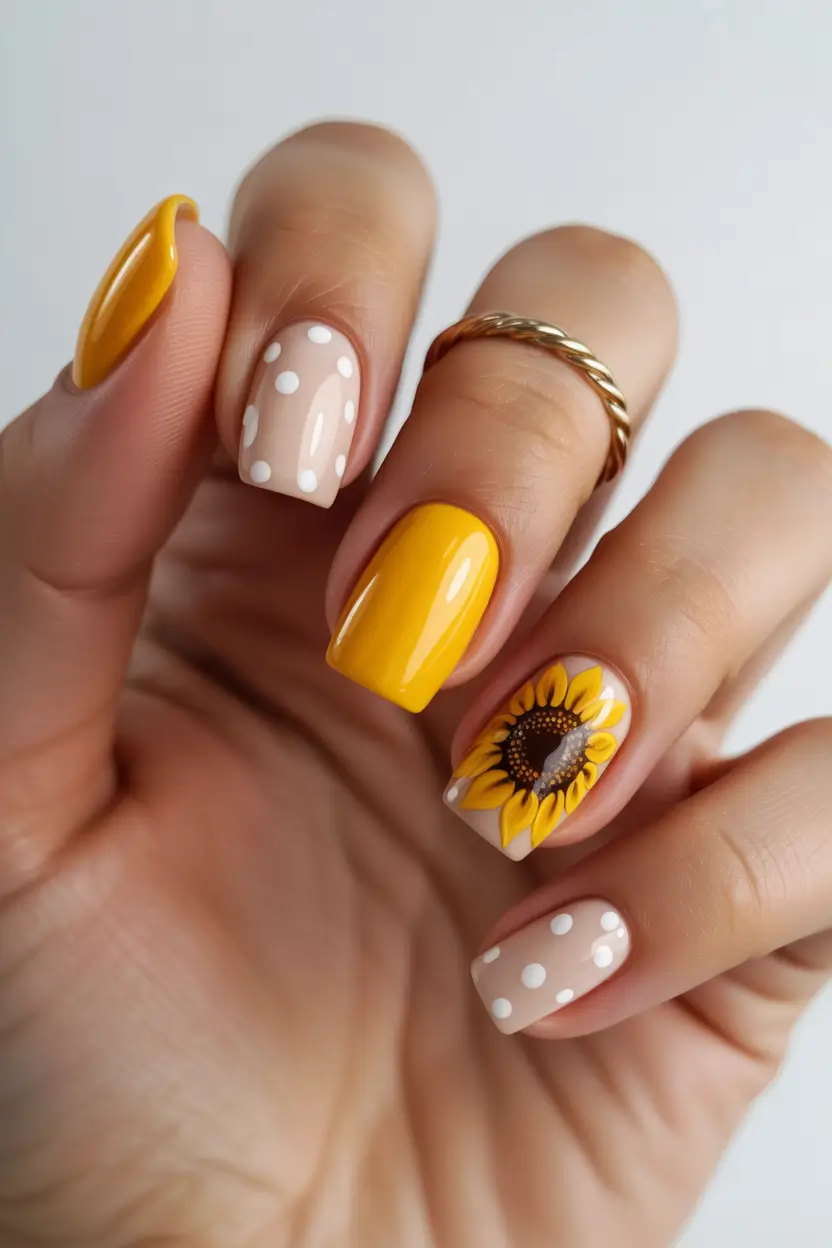 spring nail design sunflower short square 20