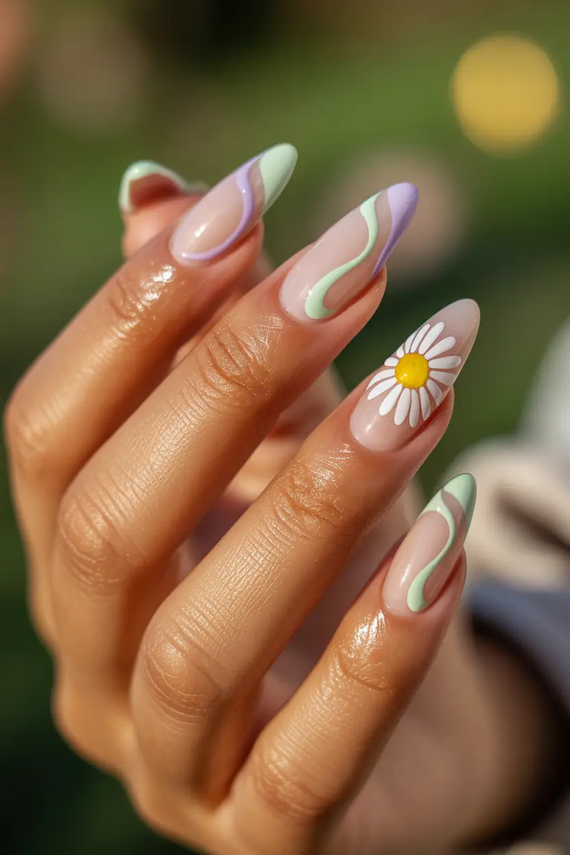 spring nail design minimalist nude with graphic waves and daisy accent