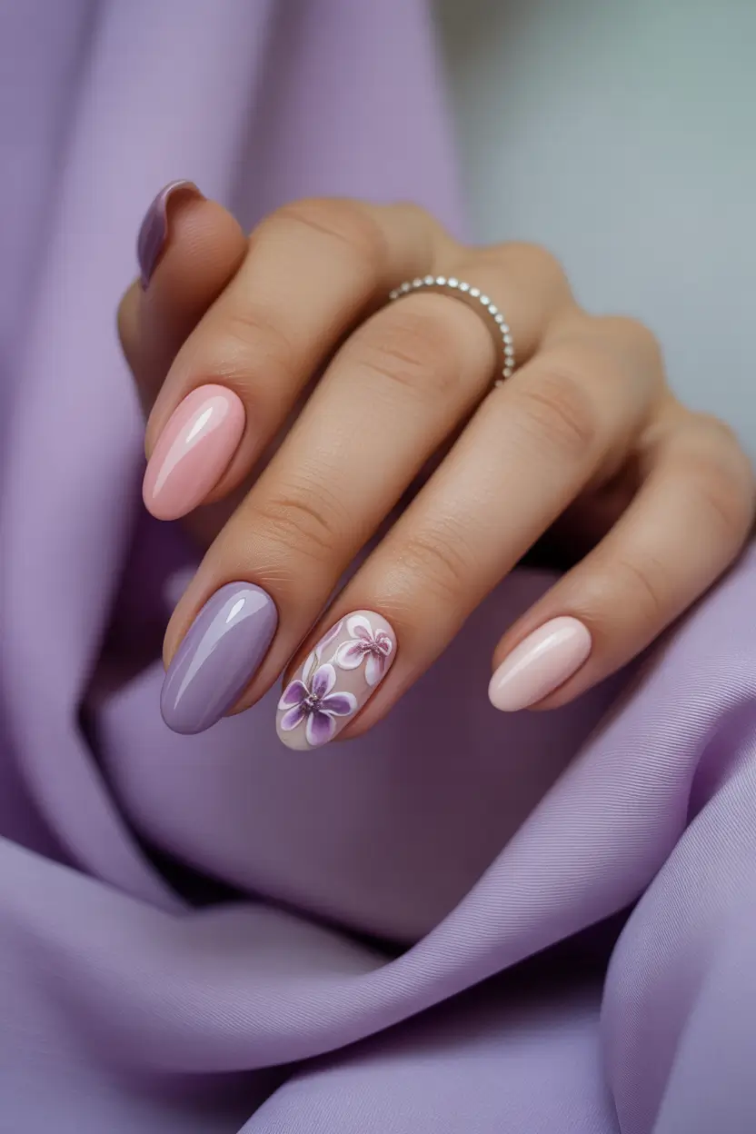 spring nail design lavender blush short almond with 3d floral detail