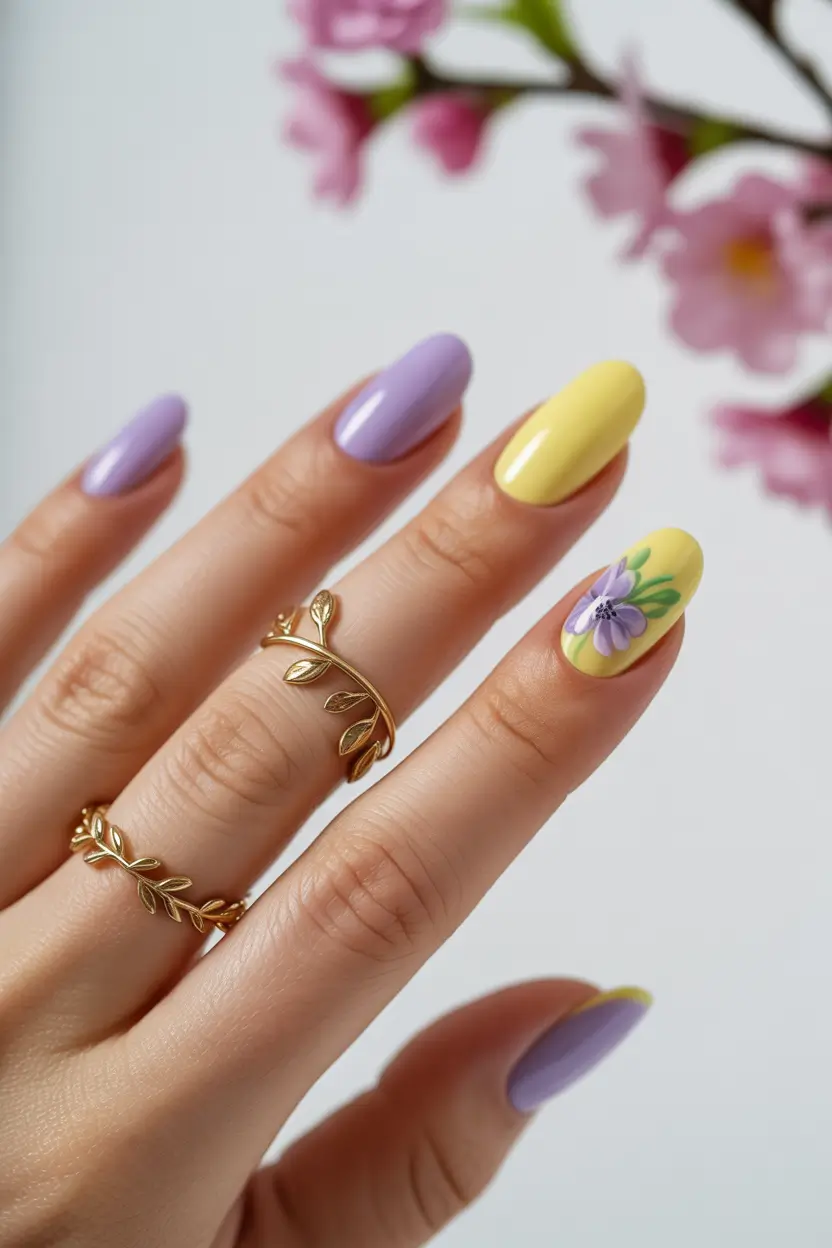 spring nail design pastel yellow lilac floral accent 7
