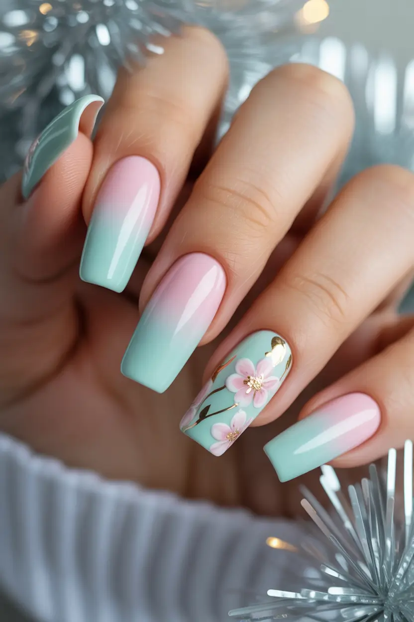 spring nail design pink blue ombre floral accent 9