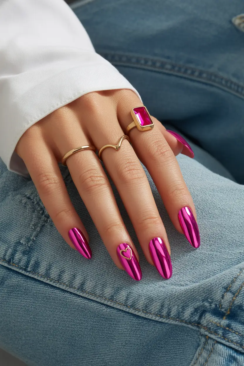 march nails ideas 2026 Magenta Chrome With a Soft Heart Accent