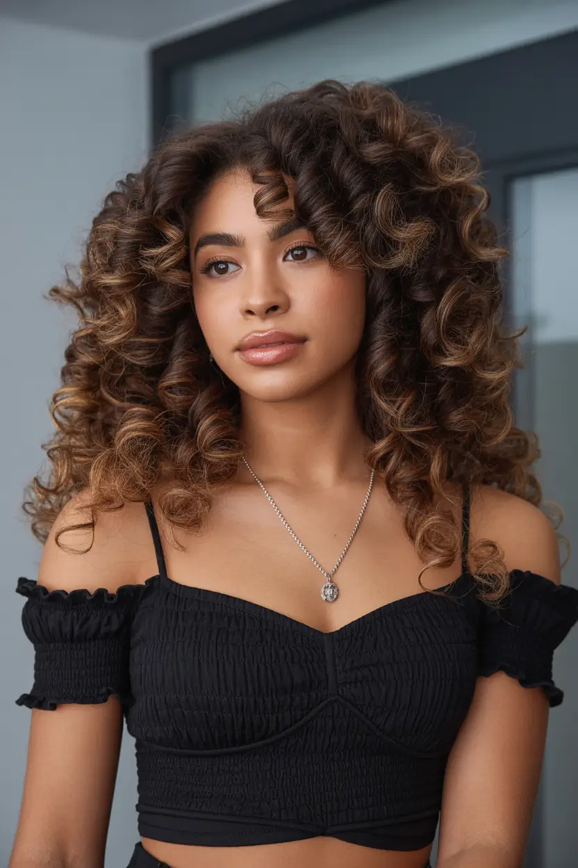 spring brown hair color 2026 defined curls with warm brunette depth