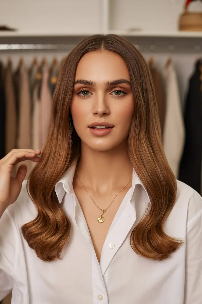 spring brown hair color 2026 sleek brown waves with clean straight parting