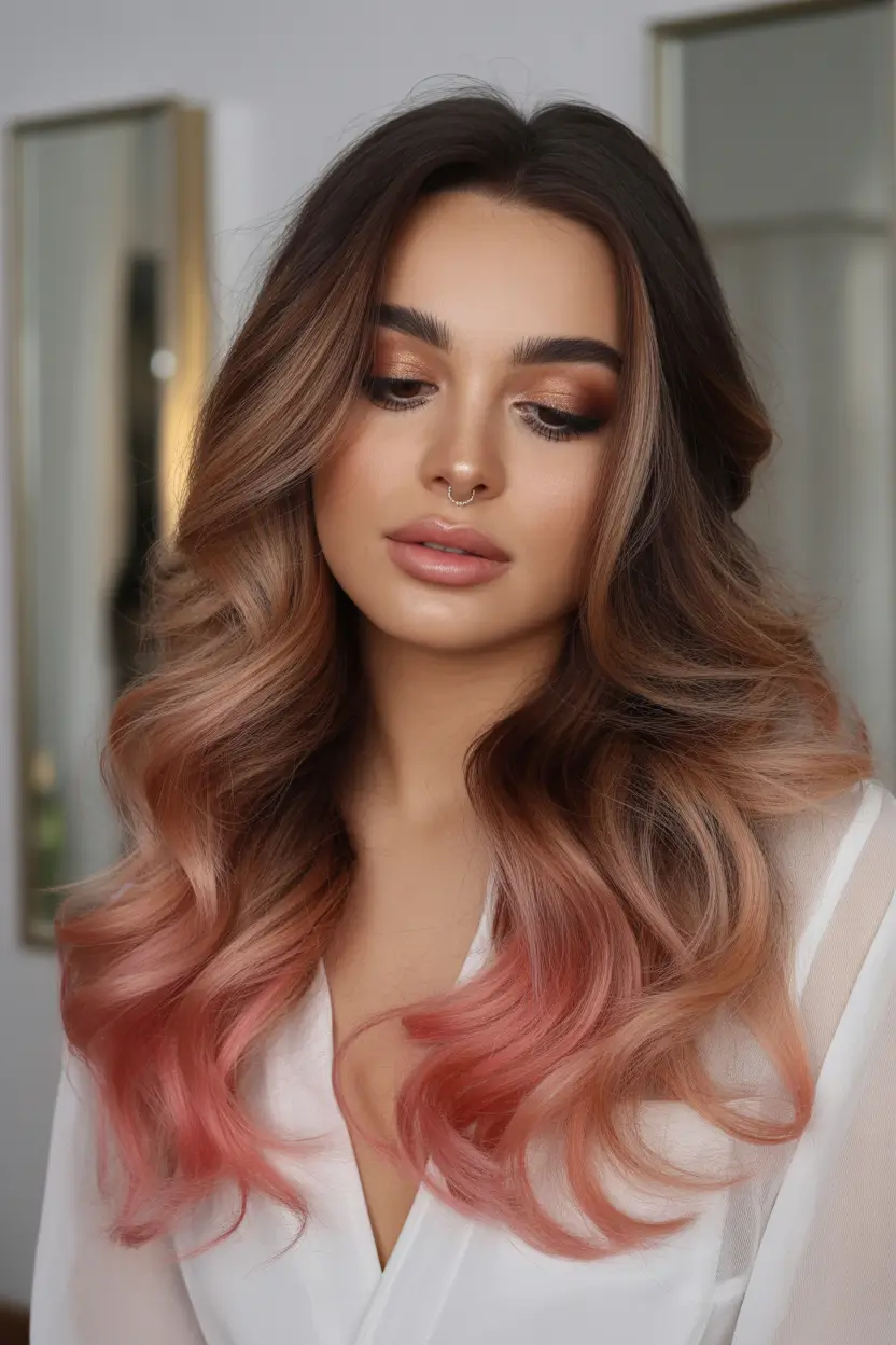popular spring hair color trends 2026 Muted rose melt on brunette lengths
