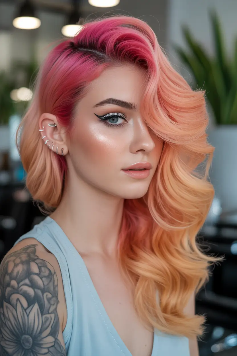 popular spring hair color trends 2026 Sunset peach with sculpted volume