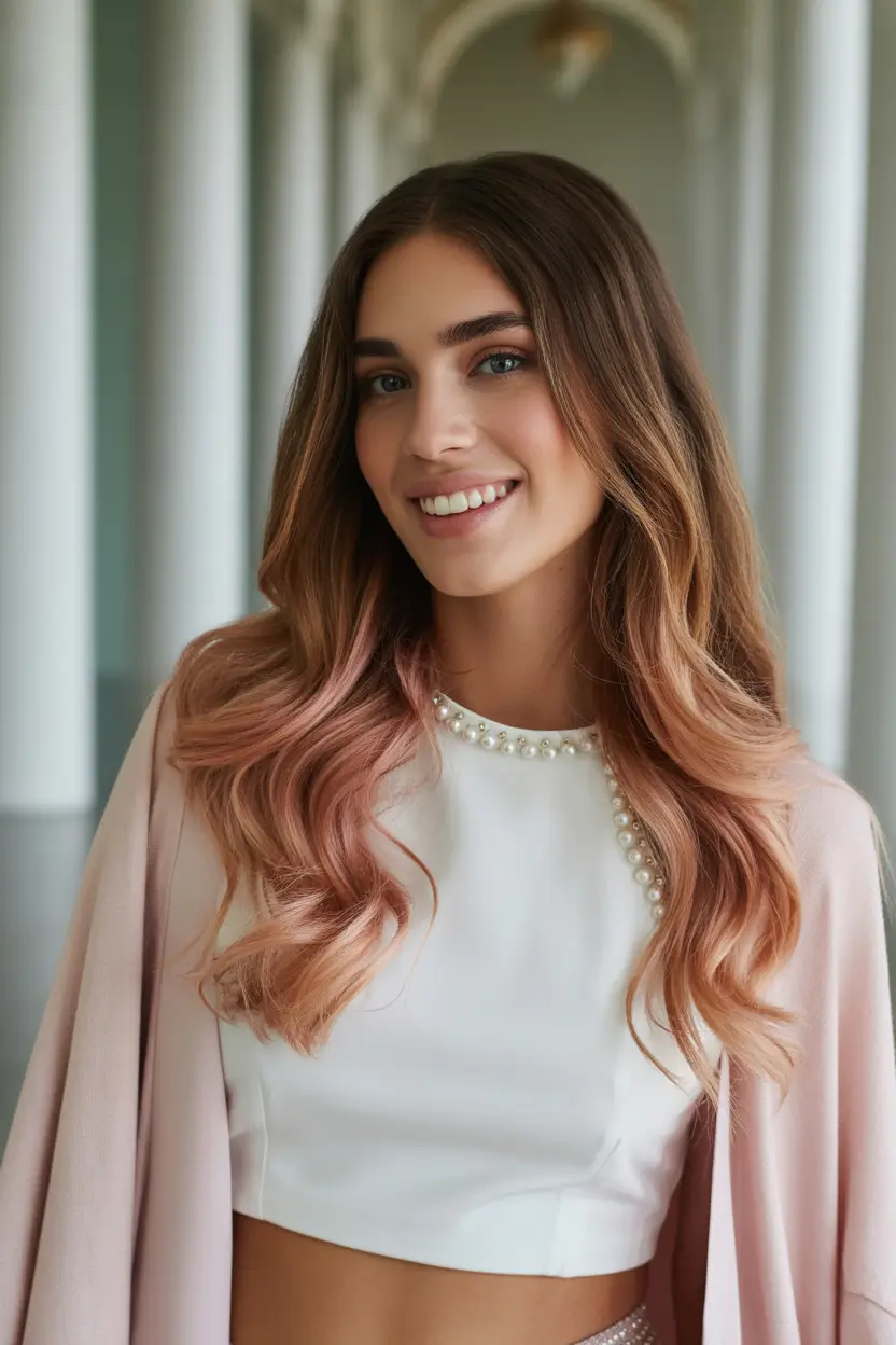 popular spring hair color trends 2026 Soft rose balayage on natural brunette