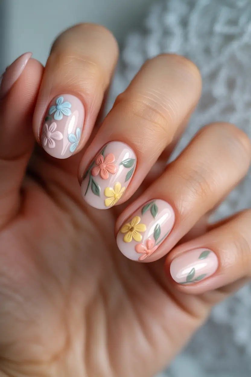 pretty spring gel nails designs 2026 soft 3d pastel florals on milky base 11