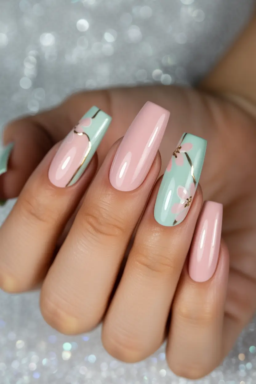 pretty spring gel nails designs 2026 mint and blush blossom contrast 13