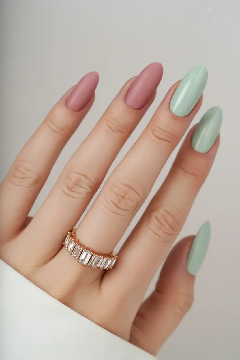 pretty spring gel nails designs 2026 matte mauve and sage almond blend 14