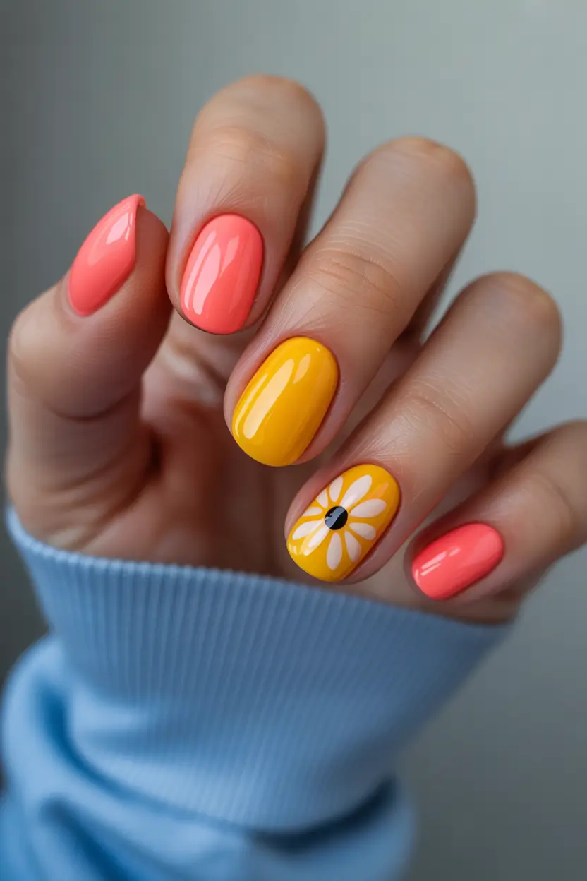 pretty spring gel nails designs 2026 coral and yellow daisy pop 15