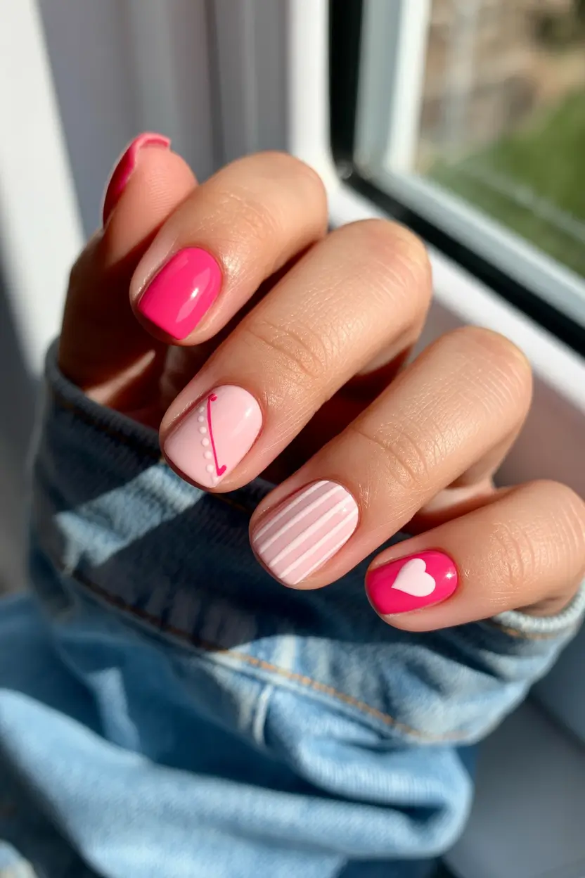 pretty spring gel nails designs 2026 hot pink and sweetheart accent mix 16