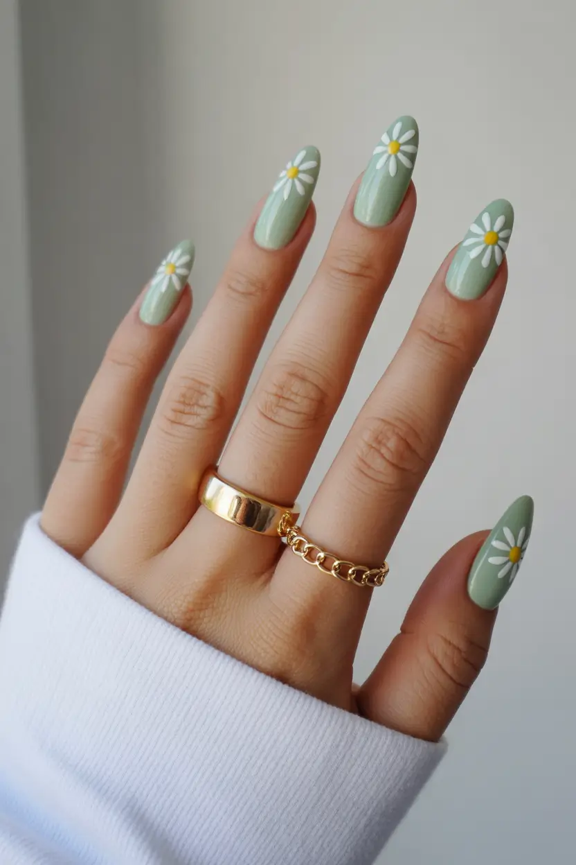 pretty spring gel nails designs 2026 sage green daisy almond 17