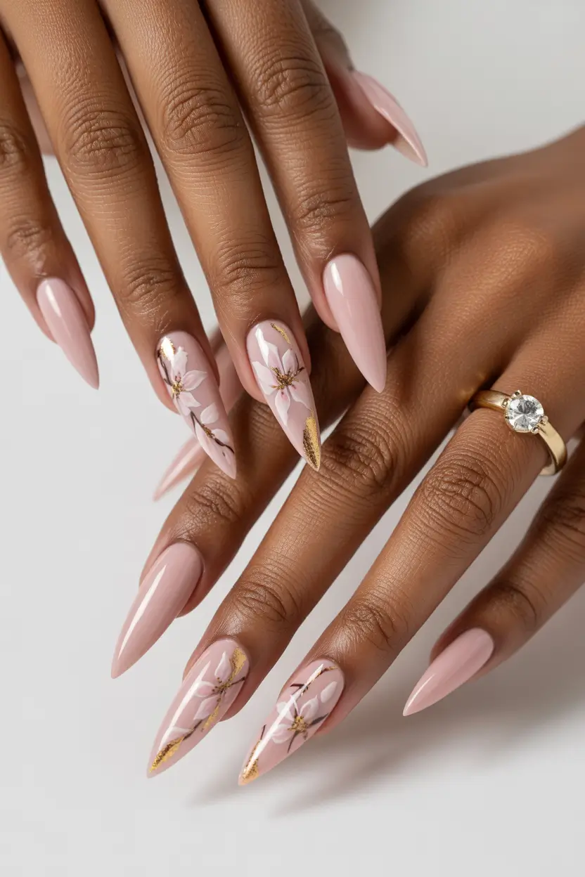 pretty spring gel nails designs 2026 blush pink gold floral almond