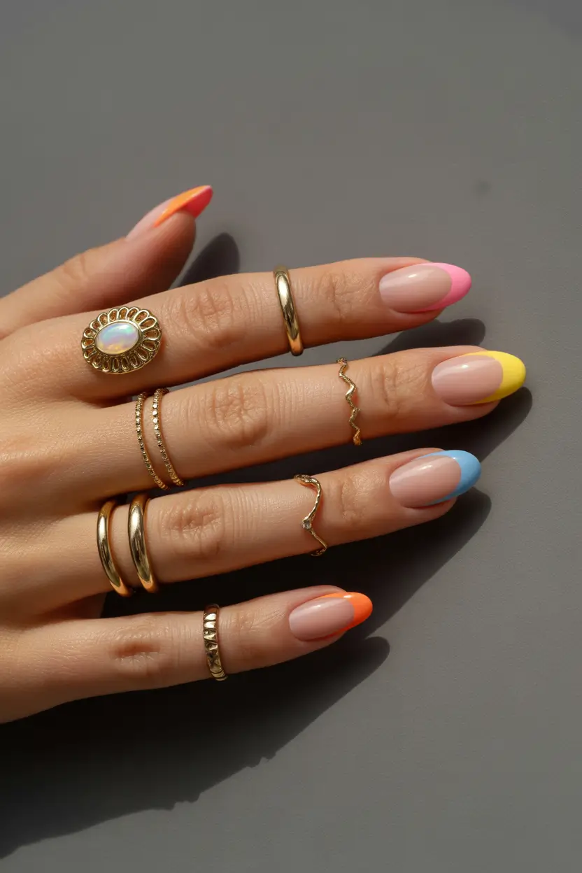 pretty spring gel nails designs 2026 colorful french tip