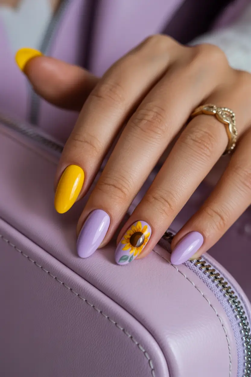 pretty spring gel nails designs 2026 lavender and sunflower contrast almond 7