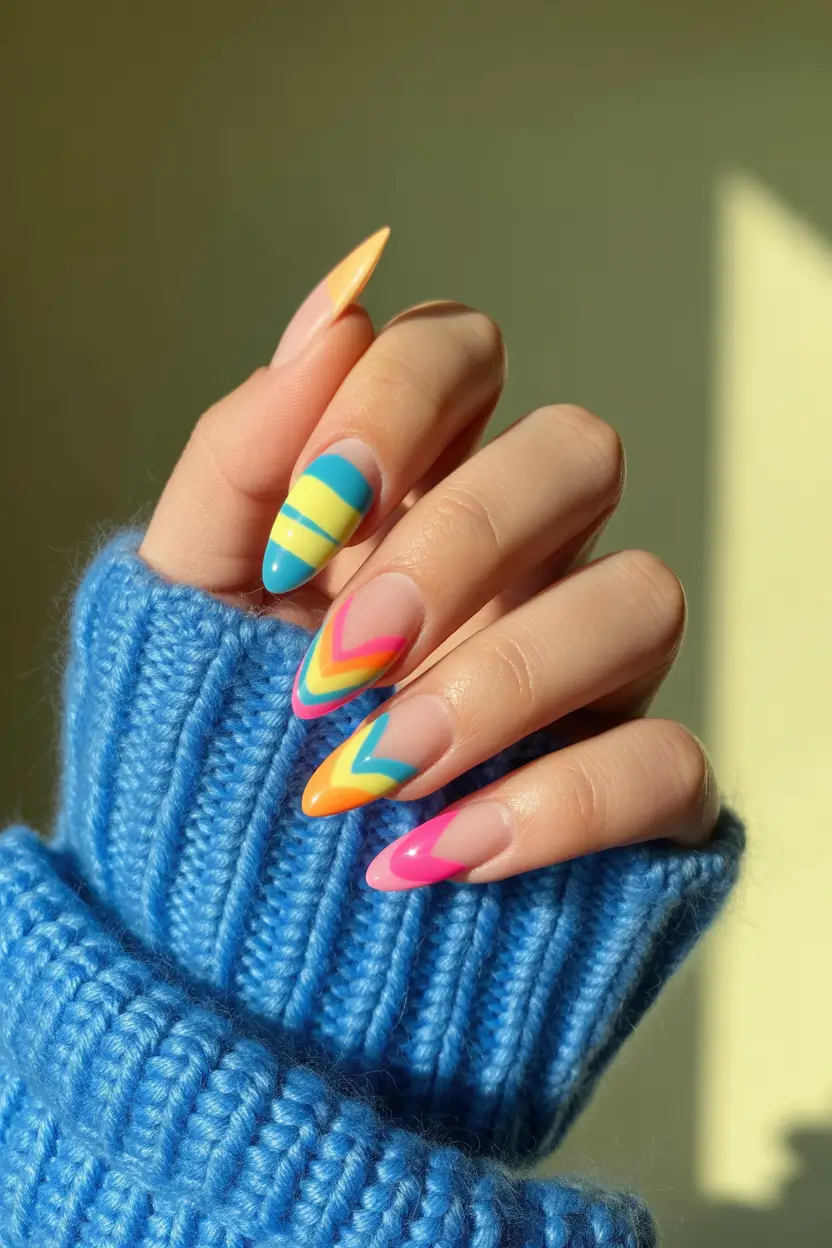 pretty spring gel nails designs 2026 retro neon chevron french 8