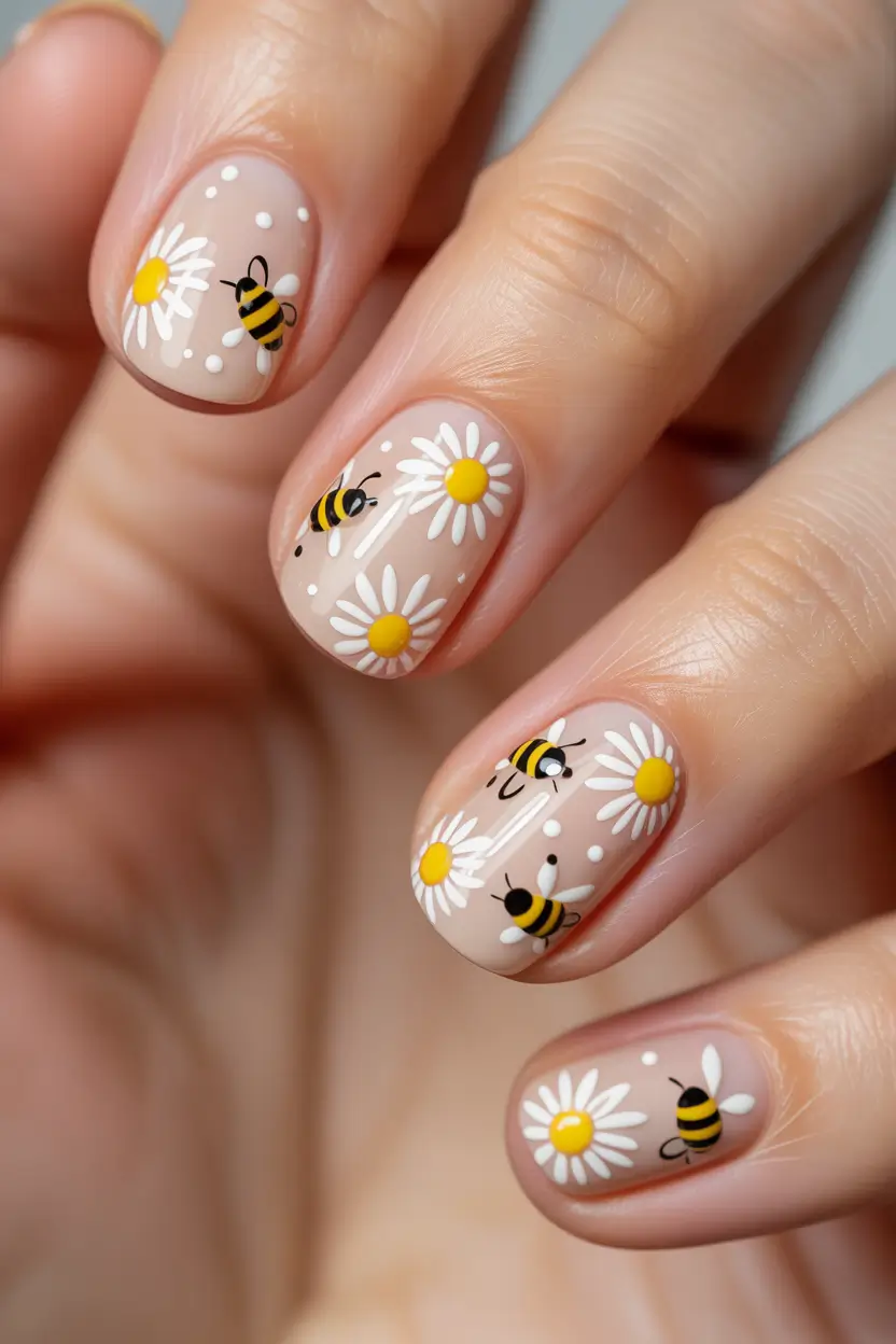 pretty spring gel nails designs 2026 daisy and bee short square 9