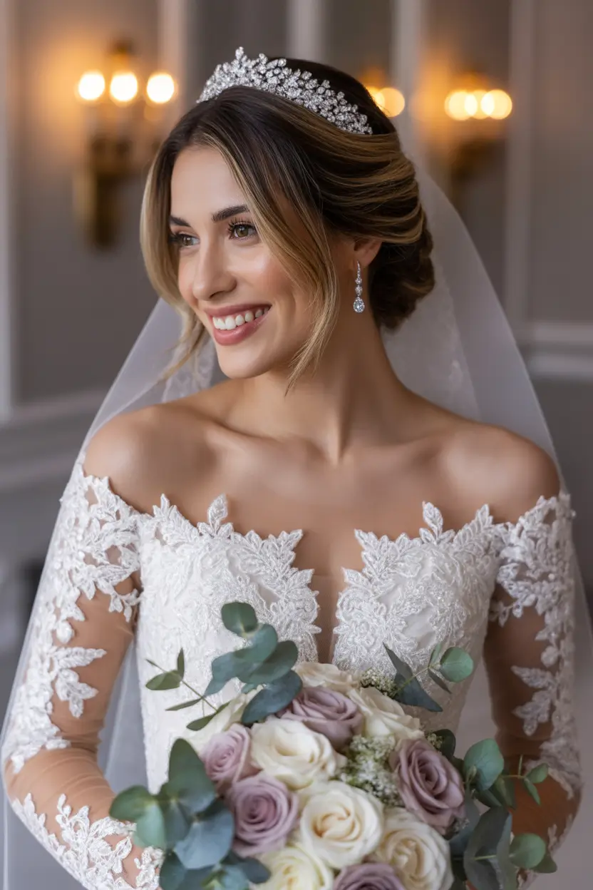 romantic spring wedding hairstyle ideas 2026 classic bride updo with tiara and veil 10