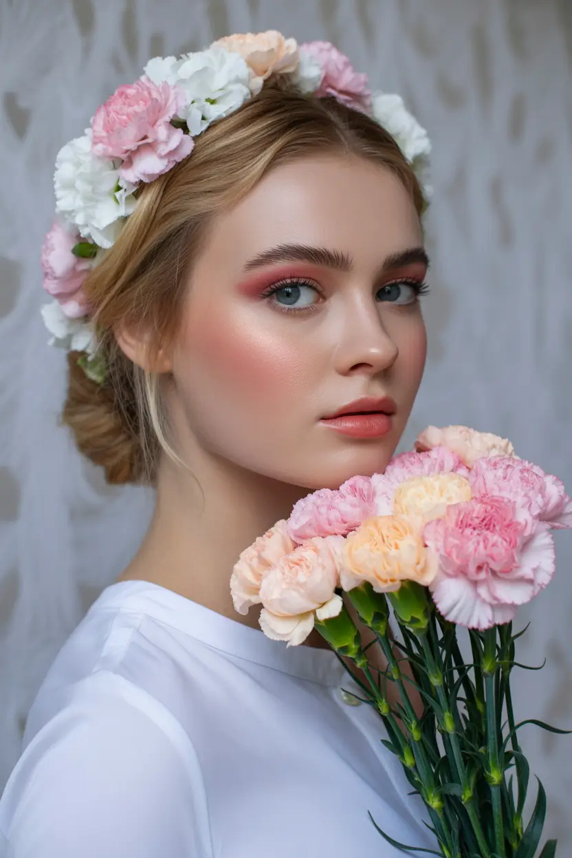 romantic spring wedding hairstyle ideas 2026 floral crown updo with soft pastel makeup 14