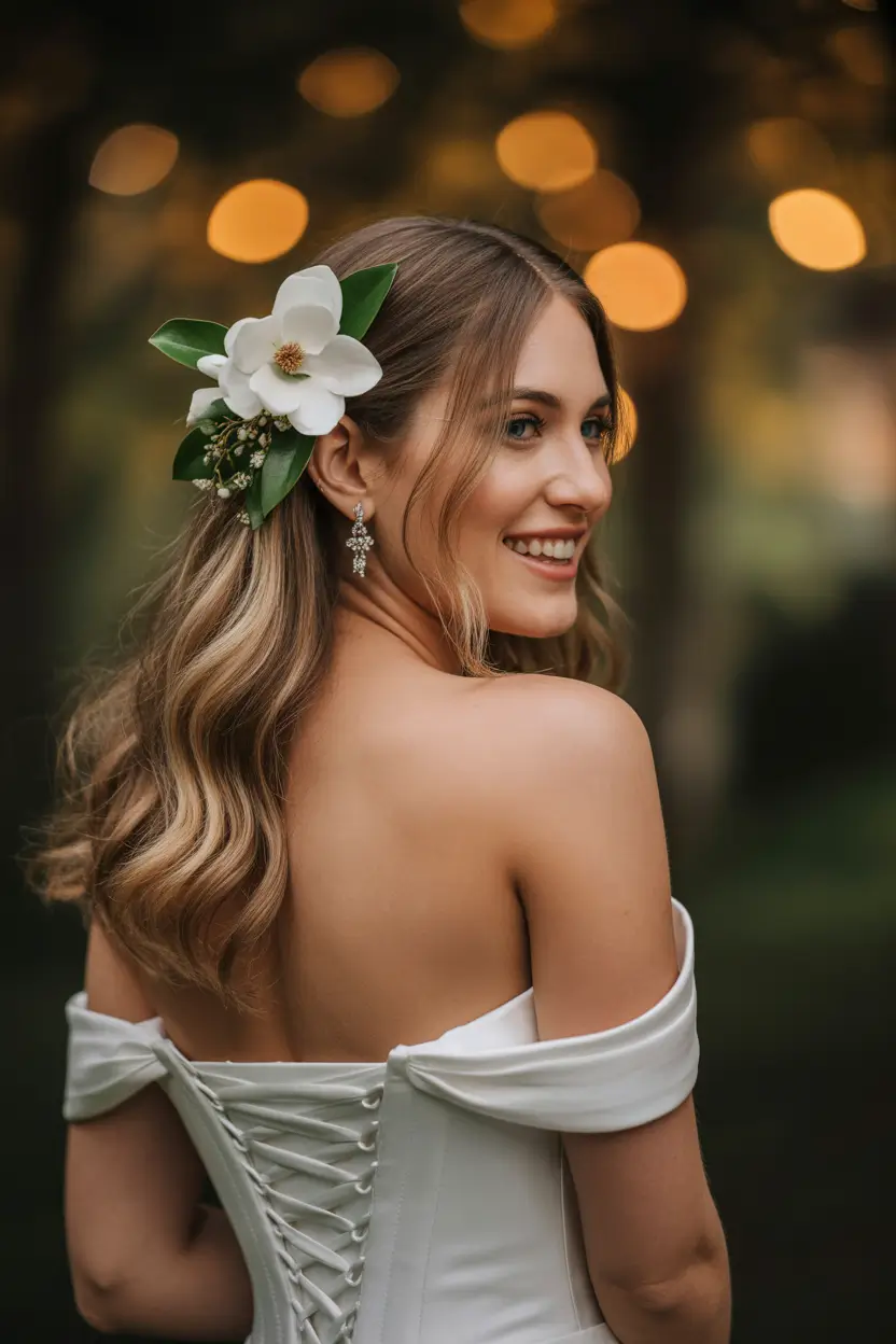 romantic spring wedding hairstyle ideas 2026 half down waves with statement magnolia accent 15