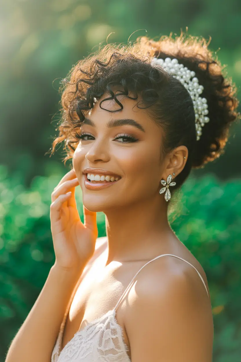 romantic spring wedding hairstyle ideas 2026 natural curly high puff with pearl accent 16