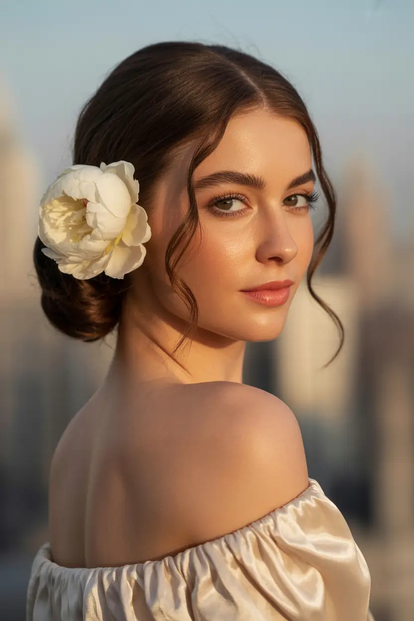 romantic spring wedding hairstyle ideas 2026 low sleek bun with single floral accent 17