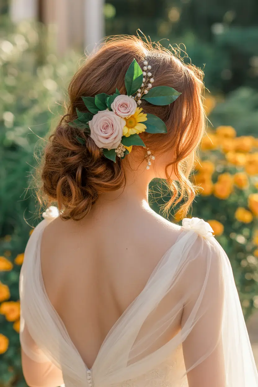 romantic spring wedding hairstyle ideas 2026 romantic floral chignon with soft volume