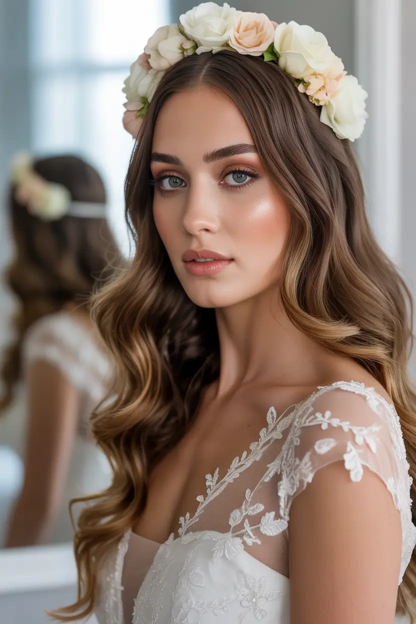 romantic spring wedding hairstyle ideas 2026 loose romantic waves with floral crown 6
