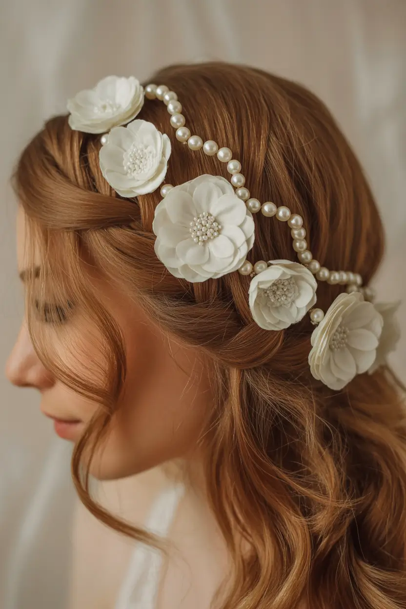 romantic spring wedding hairstyle ideas 2026 romantic half up with pearl and floral halo 7
