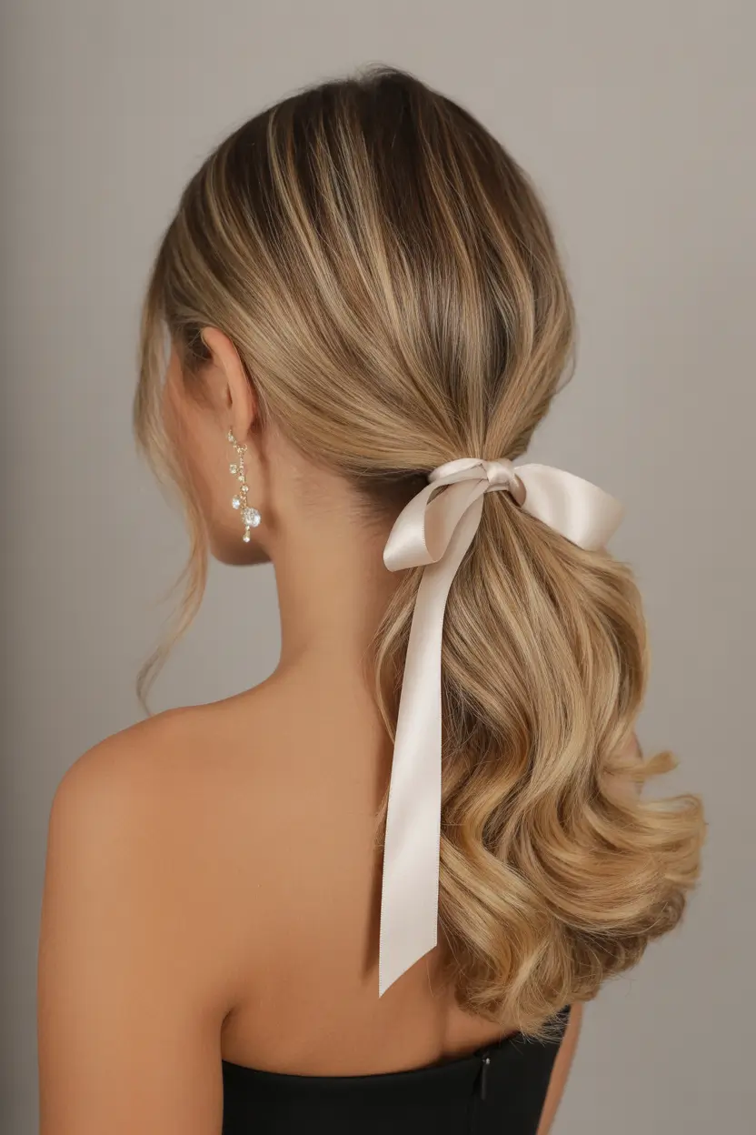 romantic spring wedding hairstyle ideas 2026 low ribbon ponytail with soft volume 8