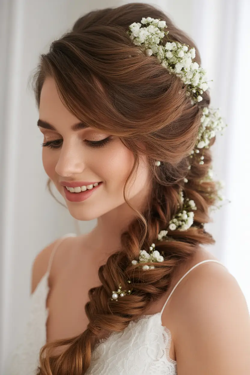romantic spring wedding hairstyle ideas 2026 textured side braid with babys breath accents 9