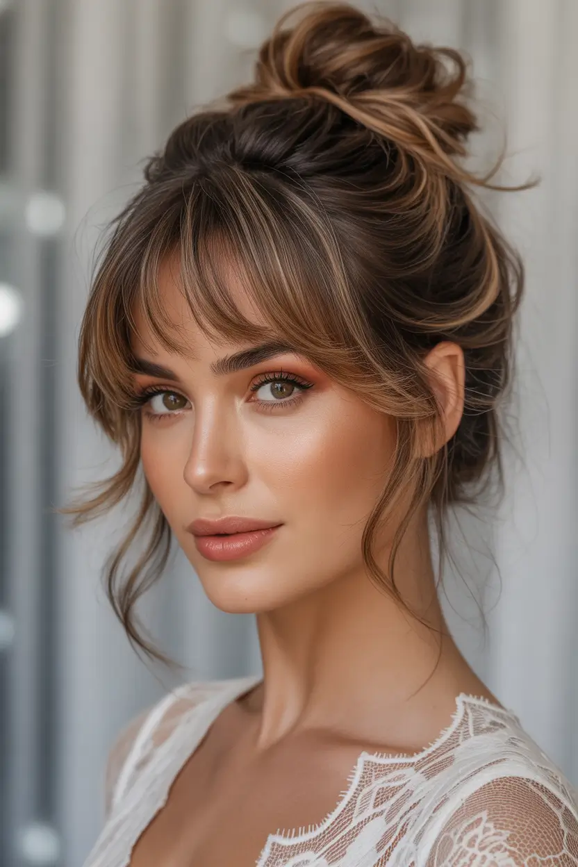 soft spring bangs hairstyle 2026 romantic soft updo with wispy curtain fringe 11