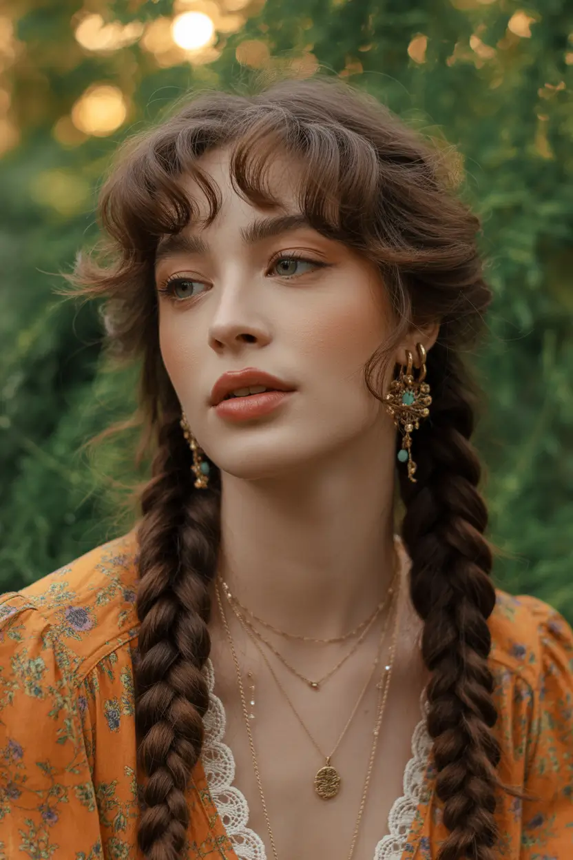 soft spring bangs hairstyle 2026 bohemian double braids with curly micro fringe 12