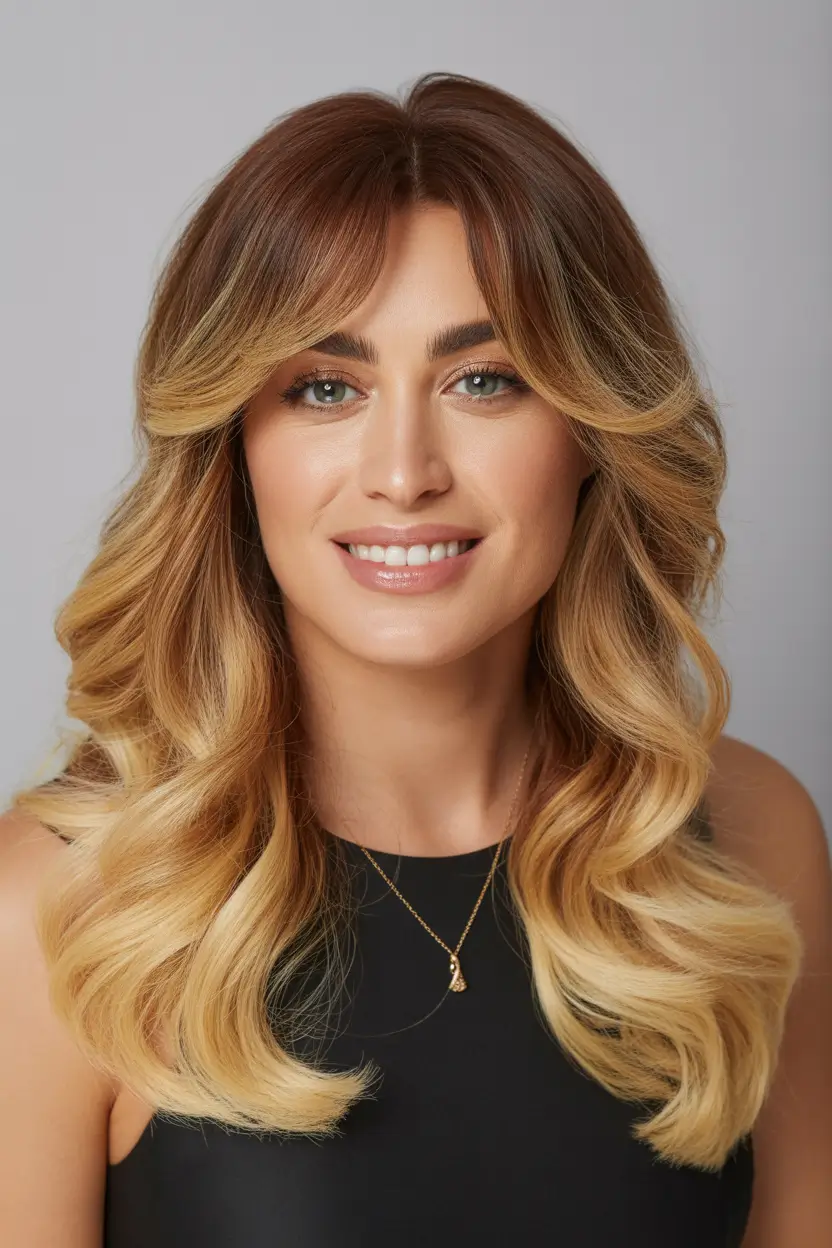 soft spring bangs hairstyle 2026 glossy blonde layers with sculpted curtain bangs 15