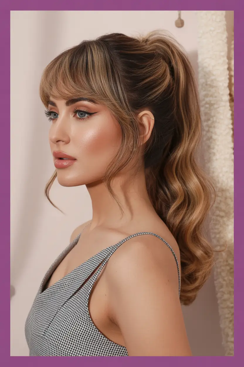 soft spring bangs hairstyle 2026 high ponytail with soft curtain bangs 17