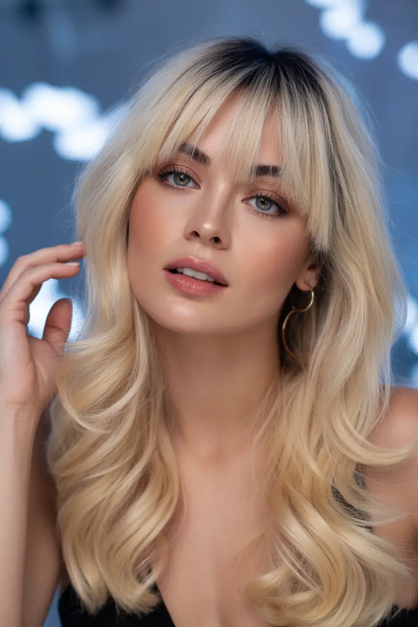 soft spring bangs hairstyle 2026 bright blonde layers with airy full fringe 19