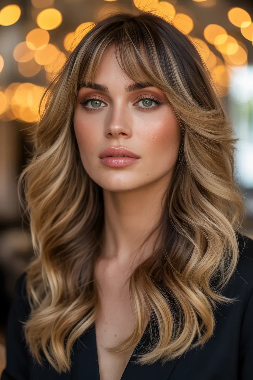 soft spring bangs hairstyle 2026 golden dimension with soft face framing layers
