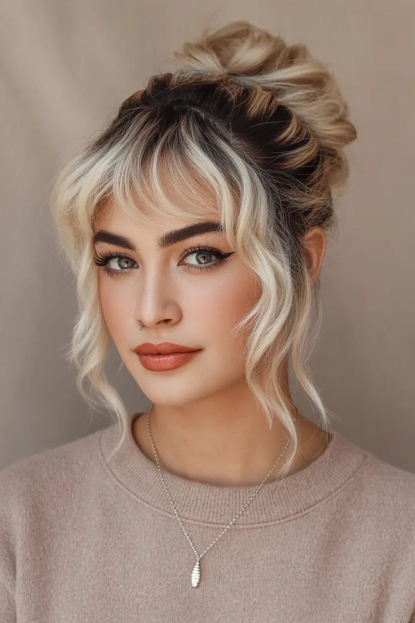 soft spring bangs hairstyle 2026 soft contrast updo with blonde curtain fringe 7